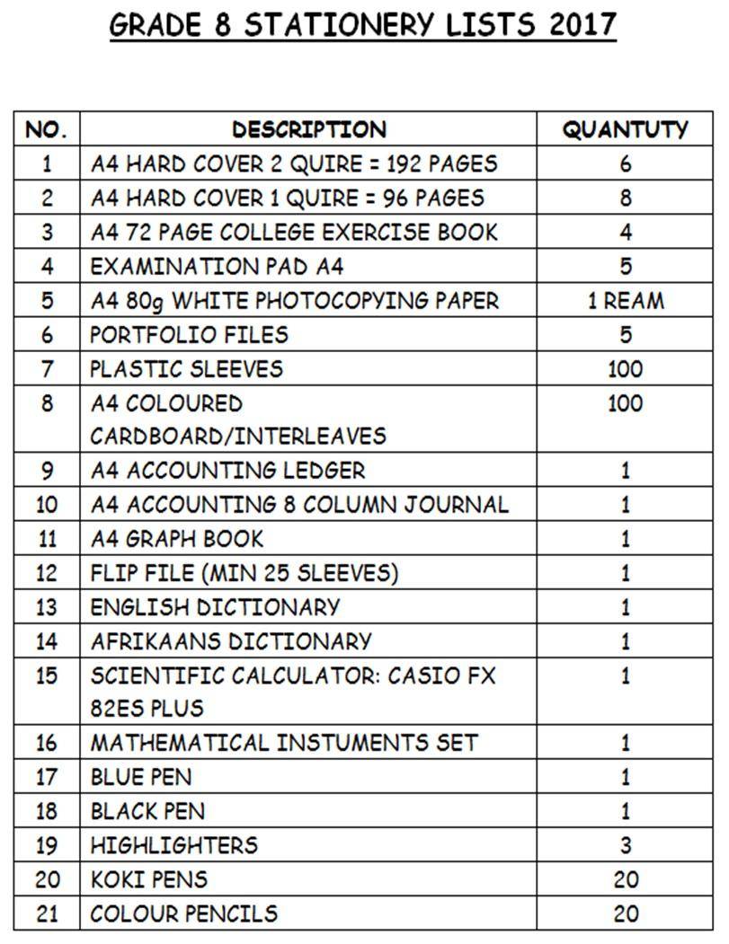 School Fees / Stationary Lists Woolhope Secondary School, Port Elizabeth